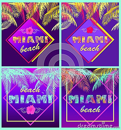 T-shirt neon violet prints variation with colorful Miami beach lettering with coconut palm leaves, seagull and lilac hibiscus Vector Illustration