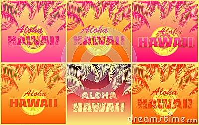 T shirt orange and pink prints variation with coconut palm leaves, Aloha Hawaii lettering, seagull and yellow sun Vector Illustration