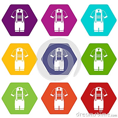 T-shirt and pants with suspenders icon set color hexahedron Vector Illustration