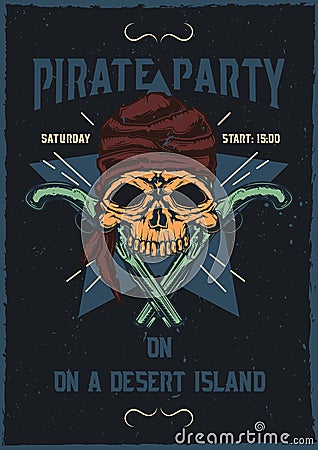 T-shirt or poster design with illustraion of pirat skull with guns Vector Illustration