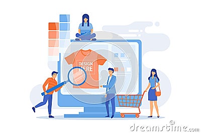 T-shirt print on demand services. Promotional apparel design. Merch clothing, custom merchandise products, Vector Illustration