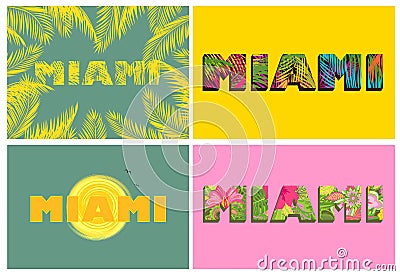 T-shirt prints with Miami lettering and palm leaves Vector Illustration