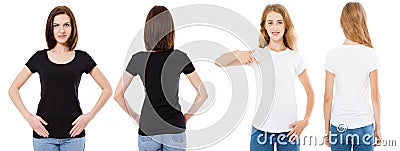 T-shirt set. Front and back view Brunette and Blonde in white and black t shirt isolated. Two girl in blank shirt, Mock up, Stock Photo