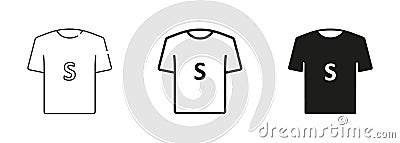 T-shirt Size Black Silhouette and Line Icons Set. Human Clothing Small Size Label. Man or Woman T-Shirt S Size Tag Vector Illustration