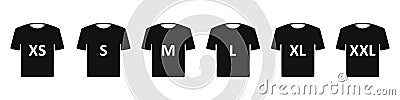 T-shirt Size Silhouette Icon Set. Clothing Size Label or Tag Black Pictogram. Man or woman Shirt. Size From XS to XXL Vector Illustration