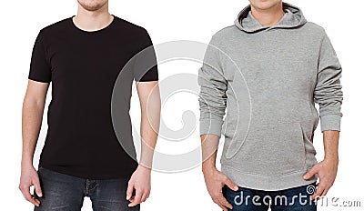 T shirt and sweatshirt template. Men in black tshirt and in grey hoody. Front view. Mock up isolated on white background. Copy Stock Photo