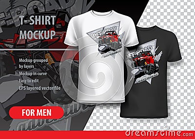 T-Shirt template, fully editable with ATV Off-Road buggy Logo. Vector Illustration