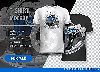 T-Shirt template, fully editable with Blue Off-Road ATV Logo. Vector Illustration
