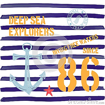 T-shirt typography design, deep sea explorers printing graphics, typographic vector illustration, Navy, diving water text, graphic Vector Illustration