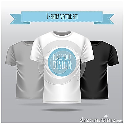 T-shirt vector set. White, grey, black template, front view. Vector realistic mock up Vector Illustration