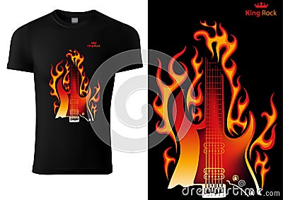 Black T-shirt with Motif of Burning Electric Guitar Vector Illustration