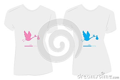 Woman t-shirt design, baby loading, vector. Stork holding baby, cartoon illustration isolated Vector Illustration