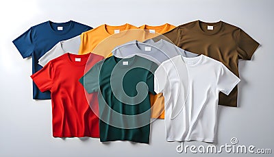 T-shirts of different sizes and different colors on a white background, white t-shirt Stock Photo