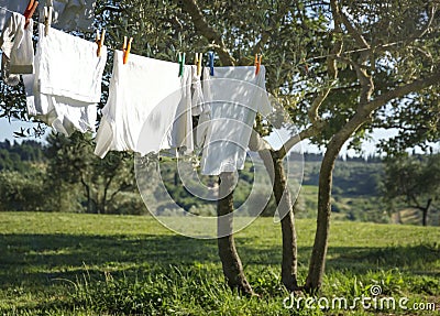 T-shirts and other laundry drying on a clothesline Stock Photo