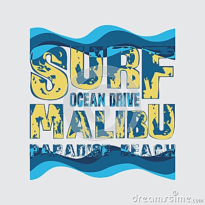 T-shirts surf, Malibu, ocean surfing, T-shirt inscription Stock Photo