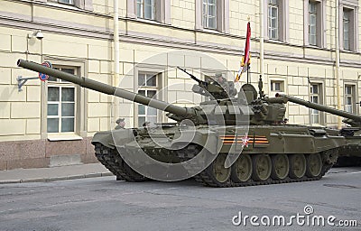 T-90 tank on Millionnaya street. Preparing for the rehearsal of parade in honor of Victory Day in St. Petersburg Editorial Stock Photo