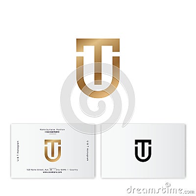 T and U monogram. T letter U letter as a gold shield. Digital logo. Flat style emblem. Vector Illustration