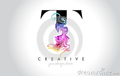 T Vibrant Creative Leter Logo Design with Colorful Smoke Ink Flo Vector Illustration