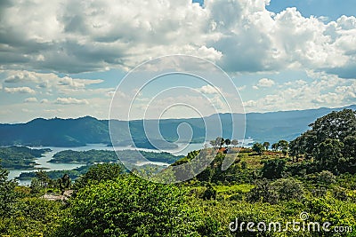 Ta Dung lake in the summer. Blue sky and cloudy on the lake and the trees on the small island paradise. Dak Nong global geological Stock Photo