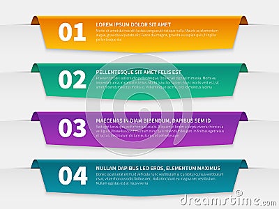 Tabbed labels. Color infographic banners leaflet template, infographics numbered ribbon tags with text. 3d info report Vector Illustration