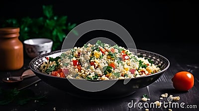 Tabbouleh salad on a black table. Levantine vegetarian salad with couscous in a bowl with parsley, mint, bulgur, tomato Stock Photo