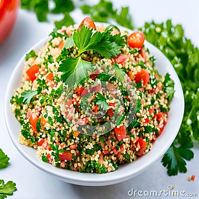 Tabbouleh salad with bulgur, tomatoes and parsley. Stock Photo