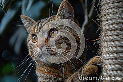 Tabby Cat Captivated by Outdoor View Near Scratching Post Stock Photo