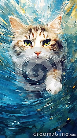 A Tabby Cat Enjoying a Swim in the Water in Anime Art Style . Stock Photo