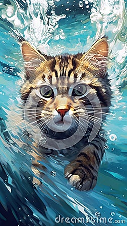 A Tabby Cat Enjoying a Swim in the Water . Stock Photo