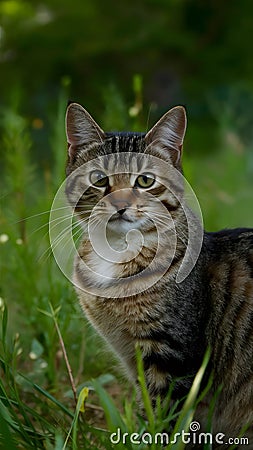 Tabby cat enjoys outdoor freedom, basking in natural surroundings Stock Photo