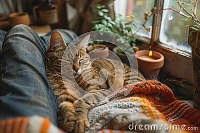 Tabby cat enjoys a restful moment with a human by a sunny window. Stock Photo