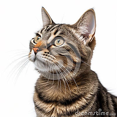 Tabby Cat face close up side profile isolated on white background, British cat, Grey cat face close up AI generated shot, half Stock Photo