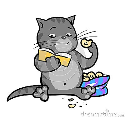 Tabby cat reads a book and eats chips Vector Illustration
