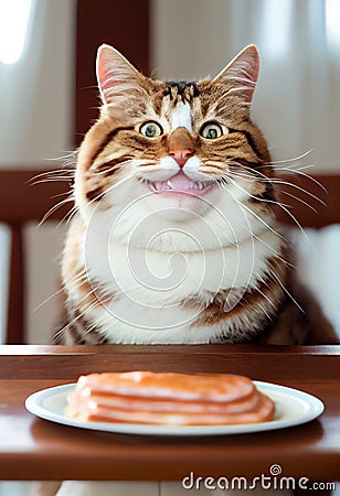 A tabby cat sits in front of a plate of bacon and smiles mischievously. AI Generated Stock Photo