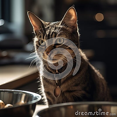 Tabby cat sitting in front of a bowl of food Stock Photo