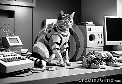 A tabby cat wearing a futuristic mechanical suit Stock Photo