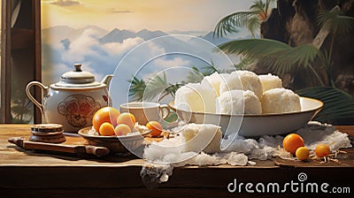 Orange Bowl On Table: Traditional Chinese Landscape Style Stickers Stock Photo