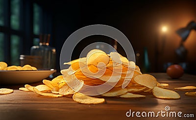 Table adorned with a closeup shot of a stack of potato chips Stock Photo