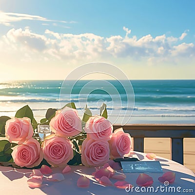 Table adorned with pink roses against scenic beach, evoking romance Stock Photo