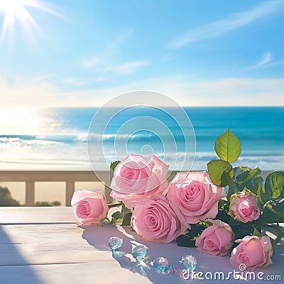 Table adorned with pink roses against scenic beach, evoking romance Stock Photo