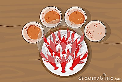 Table Bar Beer With Plate Of Crayfish Top Angle View Vector Illustration