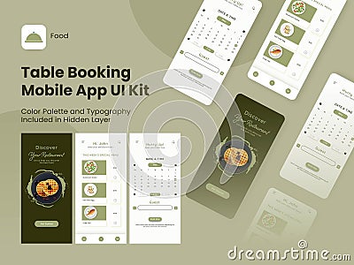 Table Booking Mobile App UI Kit Including As Sign In, Sign Up, Menu and Reserved Table Details For Responsive Stock Photo