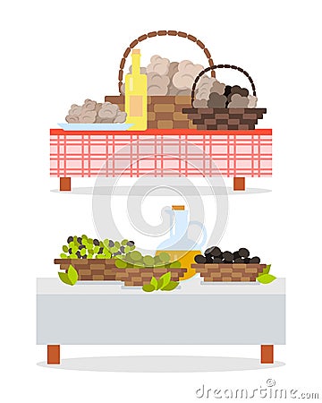 Table with Bottle of Wine and Oil Jug and Baskets Vector Illustration