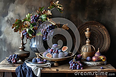 Table With Bowl of Fruit and Vase of Grapes, A warm still life of a rustic table setting, with ripe figs as the central element, Stock Photo