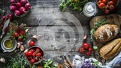 A table with bread, vegetables and other food on it, AI Stock Photo
