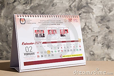 table calendar for 2024 presidential candidates with three Indonesian presidential candidates in February 14 2024 Editorial Stock Photo