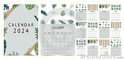 2024 table calendar week start on Sunday with leaf, safari that use for vertical digital and printable A4 A5 size Vector Illustration