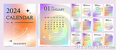 2024 table calendar year.week start on sunday with gradient style that use for vertical digital and printable A4 A5 size Vector Illustration