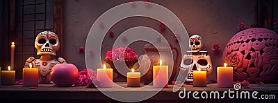A table with candles and flowers with a skull and roses Stock Photo