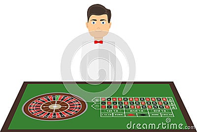 A table with a casino roulette game. The croupier stands near the table with a tape measure. Cartoon Illustration